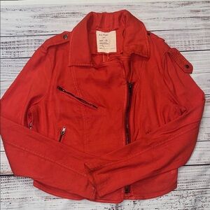 Free People Lovely In Linen Cherry Red Moto Women’s Jacket 4 Cropped Coral Y2K